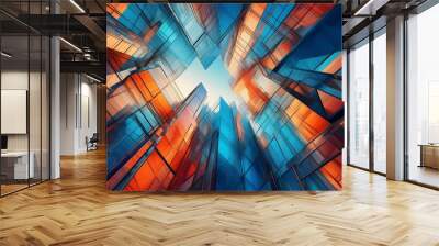 Dynamic fusion of blue and orange geometric shapes in abstract architectural design Wall mural