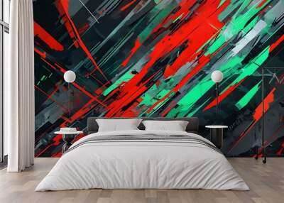 Dynamic fusion of vibrant colors and fragmented shapes infused with technological elements amid a chaotic background of darkness Wall mural