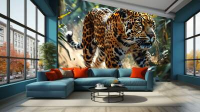 Dynamic leap of a majestic leopard through lush jungle, capturing the essence of wildlife agility, predator movement, and natures beauty in motion. Wall mural