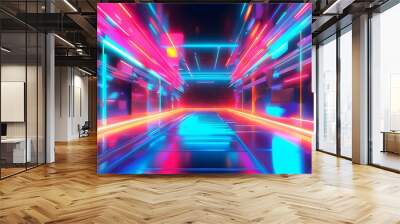 Dynamic Neon Retro Action in Abstract Anime World Wall mural