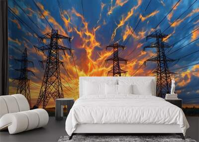 Dynamic network of towering electricity poles under vibrant skies Wall mural