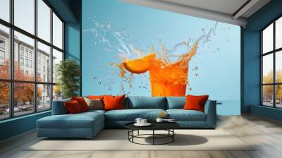 Dynamic splash of orange liquid from a glass against a light blue backdrop, capturing vibrant motion and energetic flow Wall mural