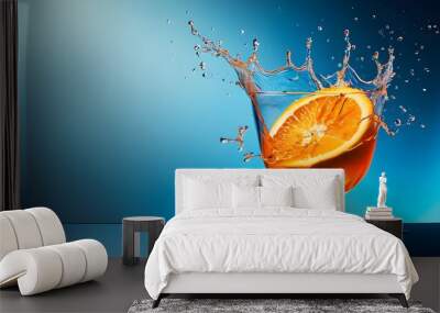 Dynamic splash of orange liquid in mid-air against a vibrant blue gradient backdrop Wall mural