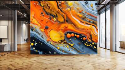 Dynamic swirls of black, orange, and yellow create an abstract liquid marble texture adorned with vibrant colorful beads Wall mural