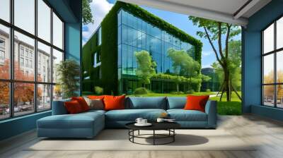 Eco-friendly glass office building promoting sustainability and reducing carbon footprint with integrated greenery and advanced safety features Wall mural