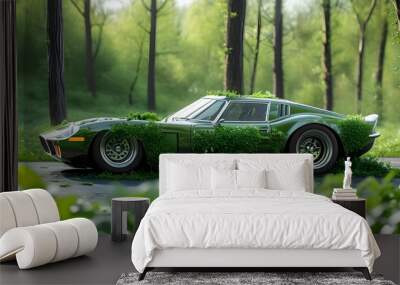 Eco-friendly vehicle revitalization with lush greenery emphasizing greenwashing awareness Wall mural