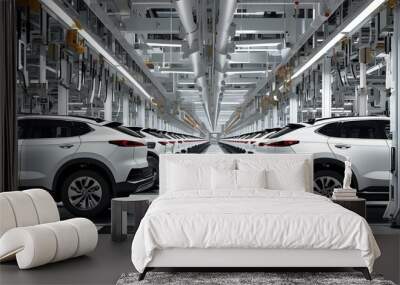 Efficient automotive assembly line featuring pristine white cars prepared for production and quality assurance inspections Wall mural