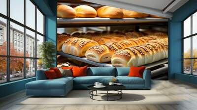 Efficient conveyor line in a professional bakery, creating fresh and warm loaves of bread Wall mural