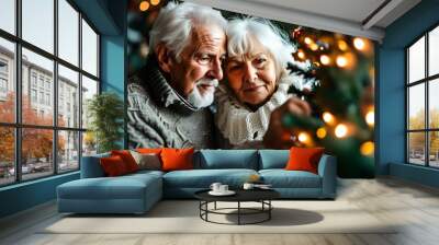 Elderly couple admiring a beautifully decorated Christmas tree, celebrating love and joy during the festive winter season Wall mural