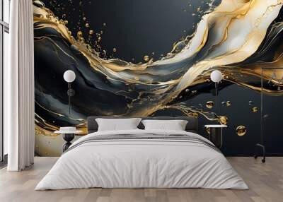 Elegant abstract composition of gold and black water marble with swirling ink textures and dynamic splashes on a dark background Wall mural