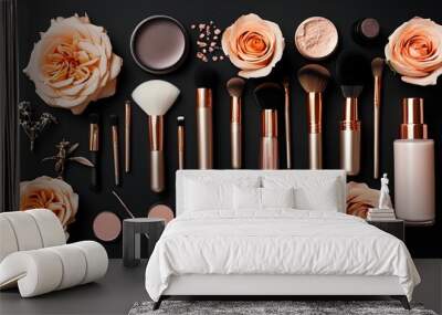 Elegant arrangement of black and rose gold beauty tools on a sleek black backdrop Wall mural