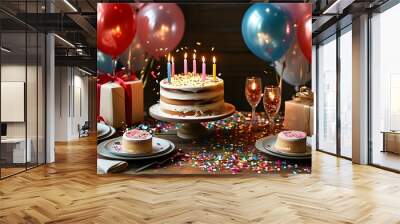 Elegant birthday celebration with multi-tier cake, pastel balloons, and wrapped gifts on a confetti-strewn table Wall mural