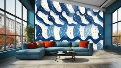 Elegant blue and white striped pattern adorned with playful dots and flowing waves Wall mural