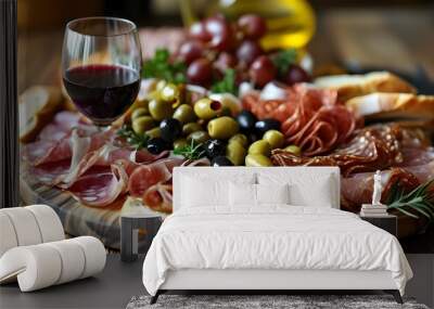 Elegant charcuterie board paired with red wine, showcasing an array of meats, olives, and artisanal bread on a rustic wooden table Wall mural