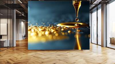 Elegant gold liquid dripping from a luxurious pen onto a surface, embodying creativity and sophistication Wall mural