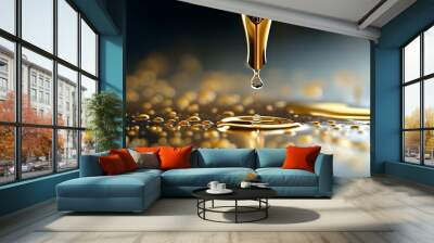 Elegant gold liquid dripping from a luxurious pen onto a surface, embodying creativity and sophistication Wall mural