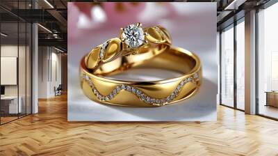 Elegant gold wedding rings adorned with sparkling diamonds for celebrating love and commitment between couples Wall mural