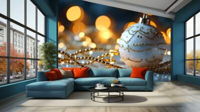 Elegant golden and white Christmas tinsel adorned with glowing lights against a sparkling backdrop for festive holiday decorations and seasonal designs Wall mural