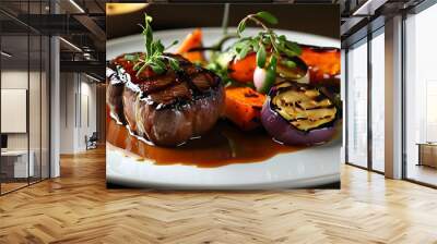 Elegant gourmet steak presentation with grilled vegetables and a rich sauce for a sophisticated dining experience Wall mural