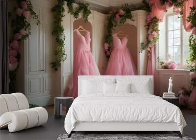 Elegant pink dress showcased in a lavish dressing room adorned with leaves and flowers, exuding a delightful fabric softener aroma. Wall mural