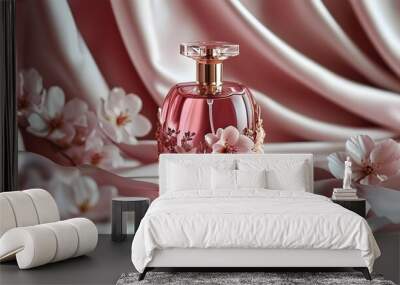 Elegant pink perfume bottle adorned with soft floral accents and satin fabric, embodying romance and luxury for Valentines Day seasonal designs Wall mural