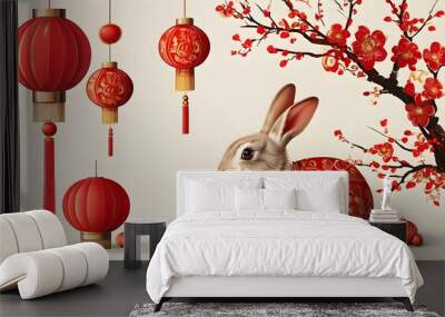 Elegant red and gold lunar new year decor with rabbit motifs and vibrant traditional lanterns Wall mural