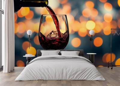 Elegant red wine pouring into a glass with a soft bokeh light backdrop Wall mural