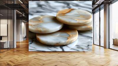 Elegant round marble coasters with natural texture in warm tones, beautifully arranged on a matching marble surface. Wall mural