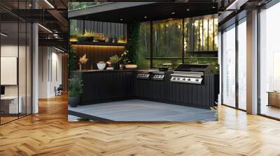 Elegant Scandinavian outdoor kitchen with black finishes, lush vegetation, stylish lighting, and a grill, bathed in soft golden hour glow Wall mural