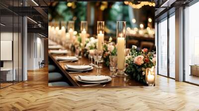 Elegant wedding dining table adorned with flowers and fine tableware, featuring a glass pillar candle that enhances the festive atmosphere Wall mural