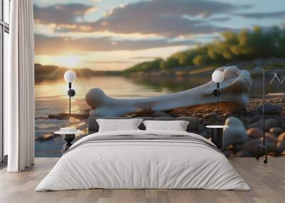 Ember Glow of Sunset on Riverbank with a Lone Bone Amidst Tranquil Beach Scene Wall mural