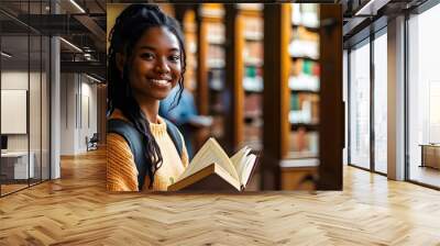 Empowered black woman studying in library, smiling while working on college assignments and embracing the pursuit of knowledge and scholarship on campus Wall mural