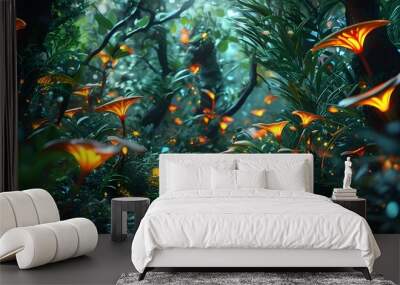 Enchanted digital forest filled with glowing bioluminescent plants and surreal creatures, crafting an immersive and captivating ambiance for a panoramic video background Wall mural