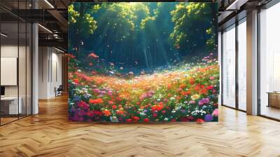 Enchanted flower fields in an unreachable forest illuminated by brilliant sunlight, captured in breathtaking detail and vibrant anime style. Wall mural