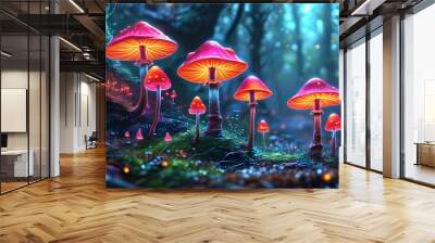 Enchanted forest illuminated by glowing mushrooms, a magical fantasy landscape filled with mystical flora and vibrant neon colors. Wall mural