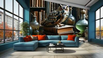 Enchanted owl atop ancient books amidst a collection of vintage artifacts and mysterious potions Wall mural