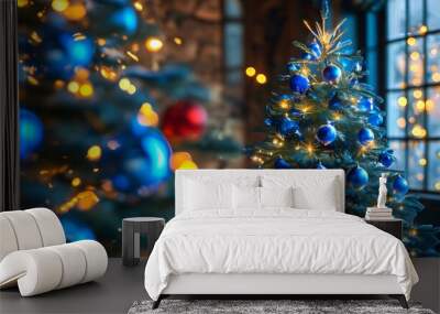 Enchanting Christmas tree adorned with sparkling blue ornaments and shimmering lights Wall mural