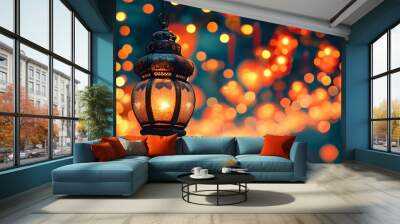 Enchanting lantern illuminating a dreamlike scene filled with shimmering bokeh lights Wall mural