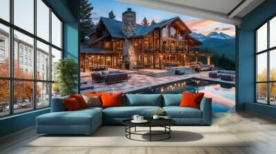 Enchanting Mountain Lodge Merging Rustic Elegance with Contemporary Comfort Wall mural