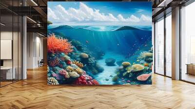 Enchanting seascape featuring a vibrant coral reef bustling with diverse marine life Wall mural