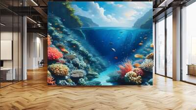 Enchanting seascape featuring a vibrant coral reef bustling with diverse marine life Wall mural