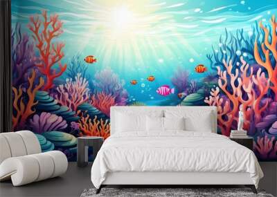 Enchanting underwater scene with sunbeams illuminating vibrant coral reefs and diverse marine life Wall mural