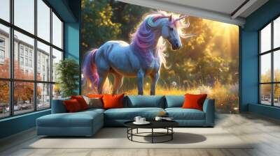 Enchanting unicorn in a sunlit meadow adorned with wildflowers, embodying magic, fantasy, and the allure of mythical creatures in a picturesque fairy tale setting Wall mural