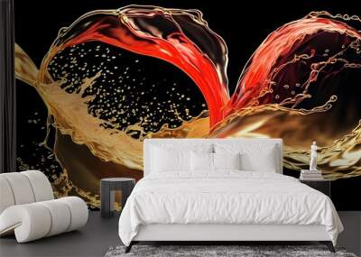 Energetic Splash of Golden Liquid in Abstract Motion from Red Container on Bold Black Background Wall mural