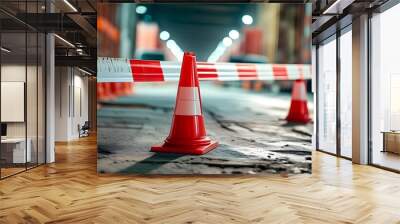 Engineering site secured with red and white tape, traffic cone in focus, blurred background, ample space for text. Wall mural