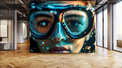 Enigmatic underwater portrait with diving goggles revealing intricate light patterns and bubbles around an immersed face Wall mural