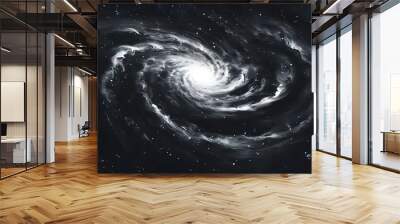 Ethereal black and white galaxy with radiant core amidst a starry cosmic expanse and swirling space dust Wall mural