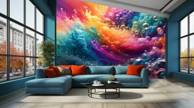 Ethereal colors and swirling bubbles in a vibrant chemical reaction, embodying freshness of new discoveries amidst celestial inspiration Wall mural