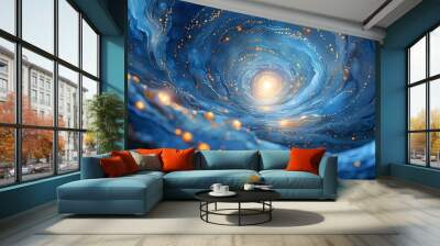 Ethereal dreamscape of swirling sapphire and cobalt blues illuminated by shimmering golden flecks, creating an inspiring and magical backdrop for creativity Wall mural