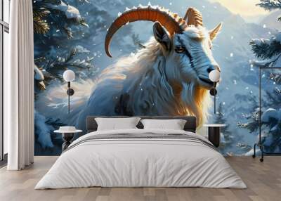 Ethereal goat-man bathed in celestial light within a snowy landscape, embodying winter solstice magic for festive greetings and enchanting artwork. Wall mural